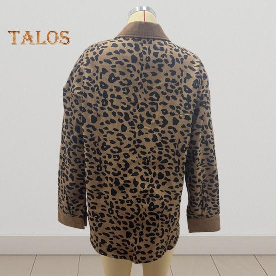 Women Spring Fall Coat Fake Chest Pocket Turn-down Collar Single-breasted Leopard Print Long Sleeves Mid Length Daily Wear Jacket