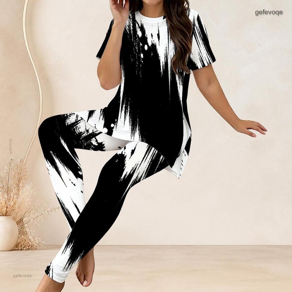 Women Plus Size Two Piece Pant Set Round Neck Short Sleeve Black White Printed Long Top Fitted Pants