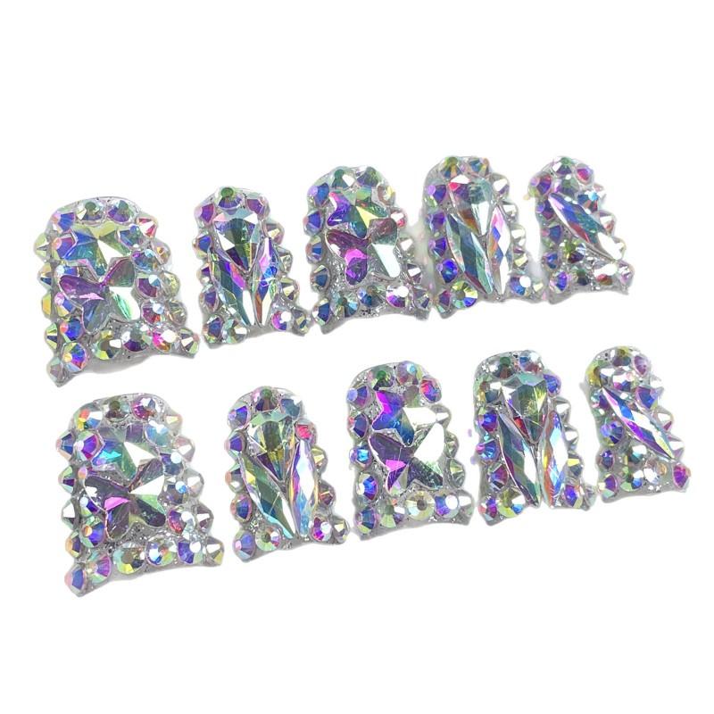 Short Duckbill Press-On Nails With Starry Sky Design Sparkly Rhinestones Sweet Edgy Style Women