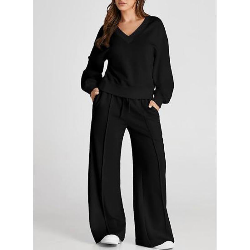 Conjunto Casual de Sudadera de Color Sólido con Cuello en V y Pantalones Largos para Mujer Otoño/Invierno 2025 - Moda Europea/Americana