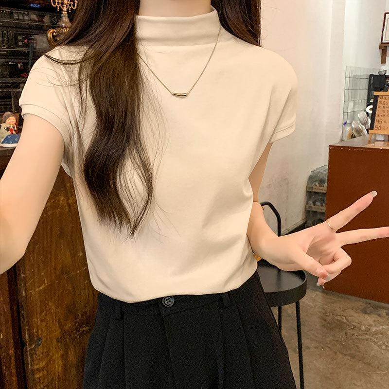 Pure lust style half turtleneck short-sleeved T-shirt for women summer 2024 new style small flying sleeves chic western top bottoming shirt