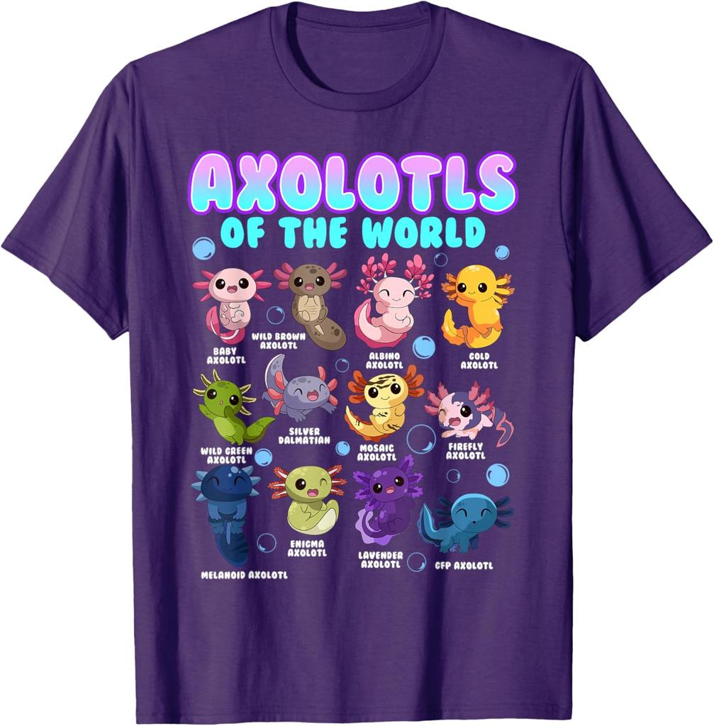 Axolotls Of The World Kawaii Salamander Graphic Tee Men Cotton Casual Short Sleeve T-Shirt Trip