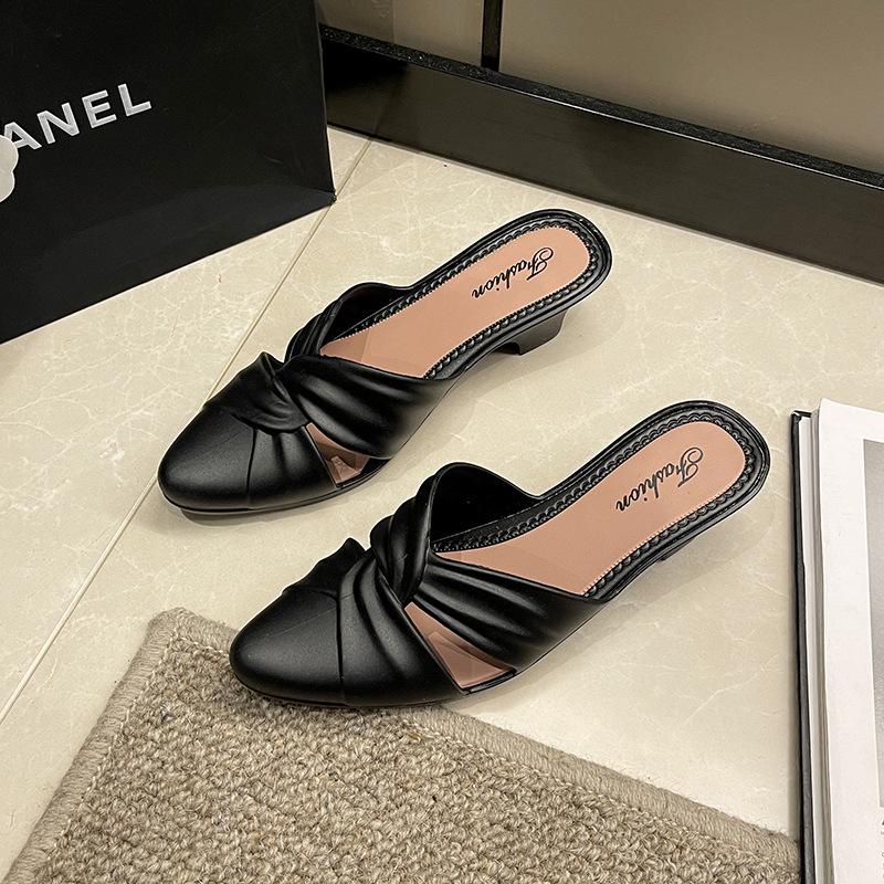 Yuzhihao Women's Summer Pointed Toe Half Slippers - Chunky Heel Casual Low Sandals