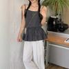 It has been warehoused and purchased, the new Korean version of the plaid drawstring versatile suspender top for women.