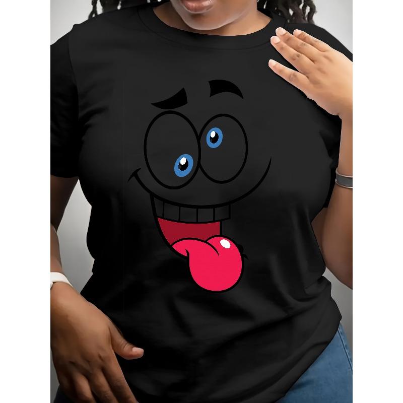 

European Size Women S Funny Cartoon Face T-Shirt - Black Casual Short Sleeve Tee with Vibrant Red Lips & Blue Eyes,Round Neck,Casual Wear 4XL