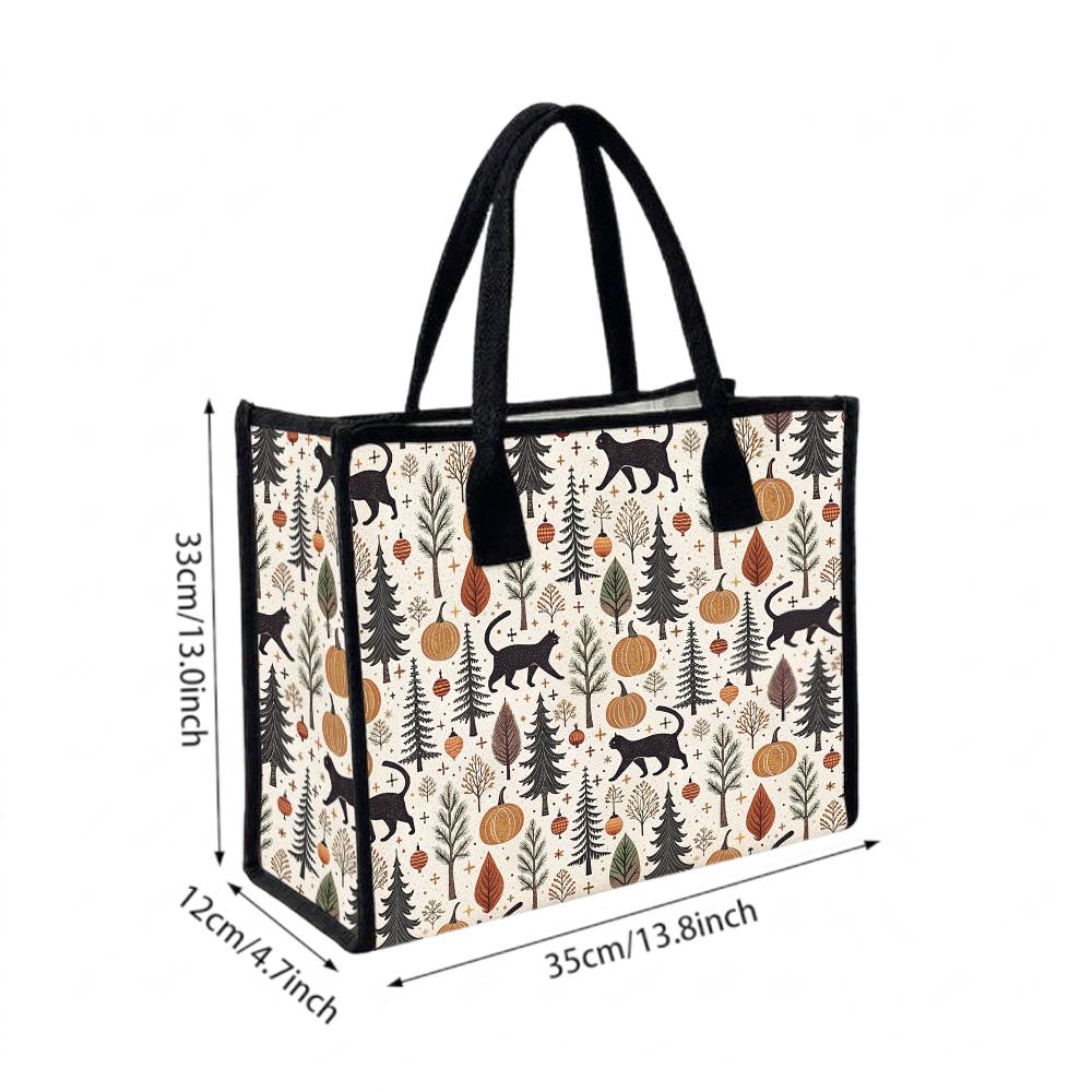 Autumn Cat Pumpkin Print Tote Bag Casual Large Capacity Shoulder Handbag for Daily Use