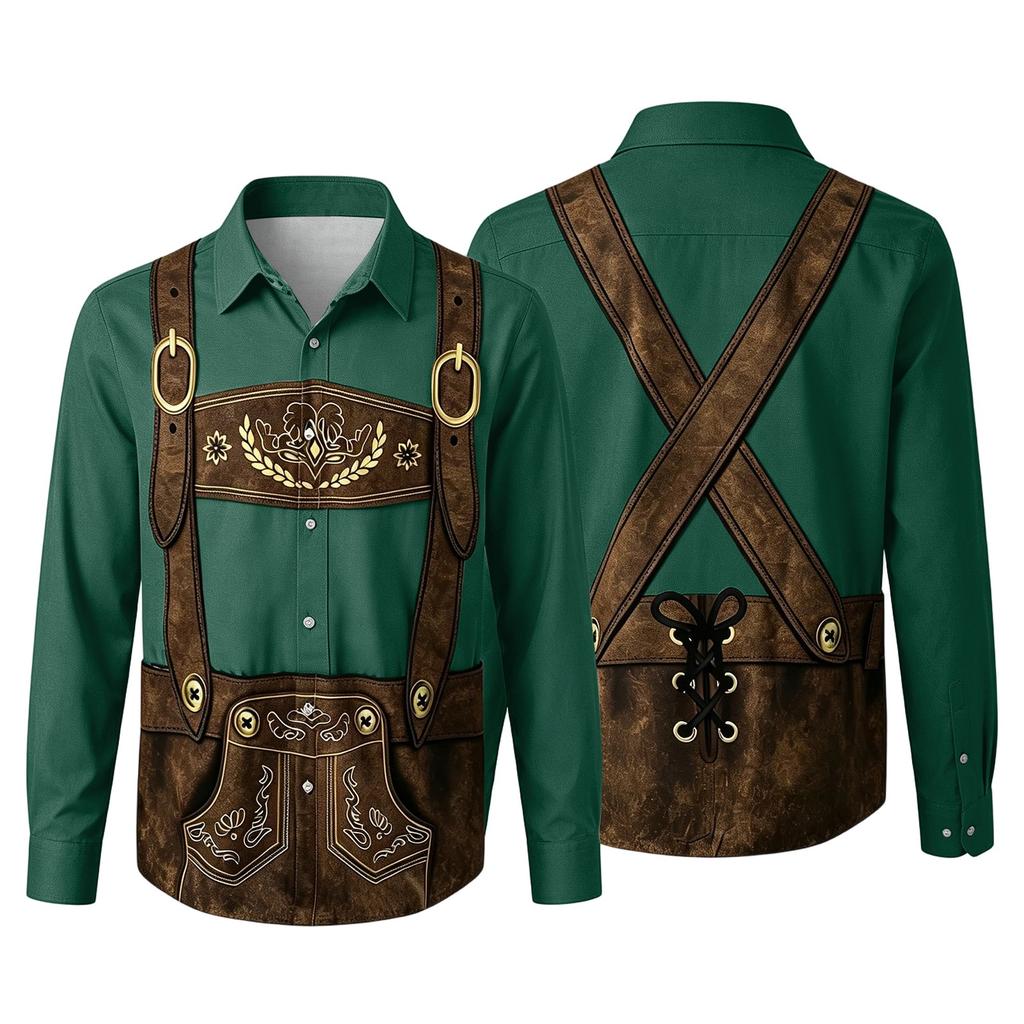 Camicia da uomo per l'Oktoberfest con stampa 3D, vestibilità larga, manica lunga, colletto, casual, stile vintage, traspirante, per lavoro, festival all'aperto, festa