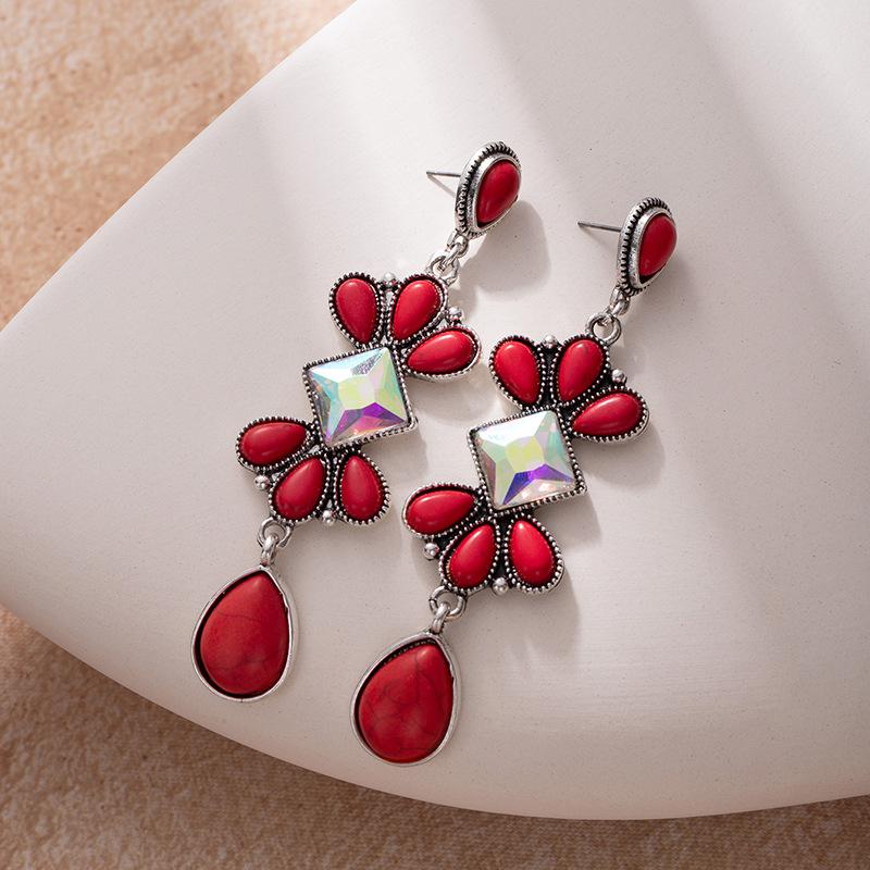 Bohemian Retro Ethnic Style Turquoise Earrings Femininity Fringed Water Drop Earrings Literary Exaggerated Ear Jewelry