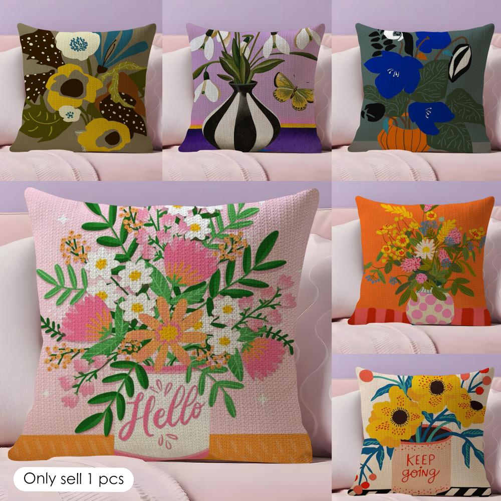 Artistic Potted Plants Cushion Cover Natural Linen Pillow Case DoubleSided Print Decorative Sofa Pillowcase Home Decor Gift