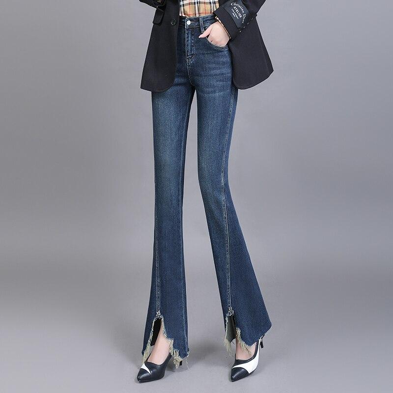 

Весенне-осенние винтажные широкие брюки с высокой талией, эластичные женские расклешенные джинсы, женские модные узкие джинсовые брюки для женщин XXL синий