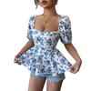Women Tops Sexy Blouse Square Collar short Sleeve Floral print Shirt Puff Sleeve Ruffle Tunic Crop Top Summer pullover Tube Top