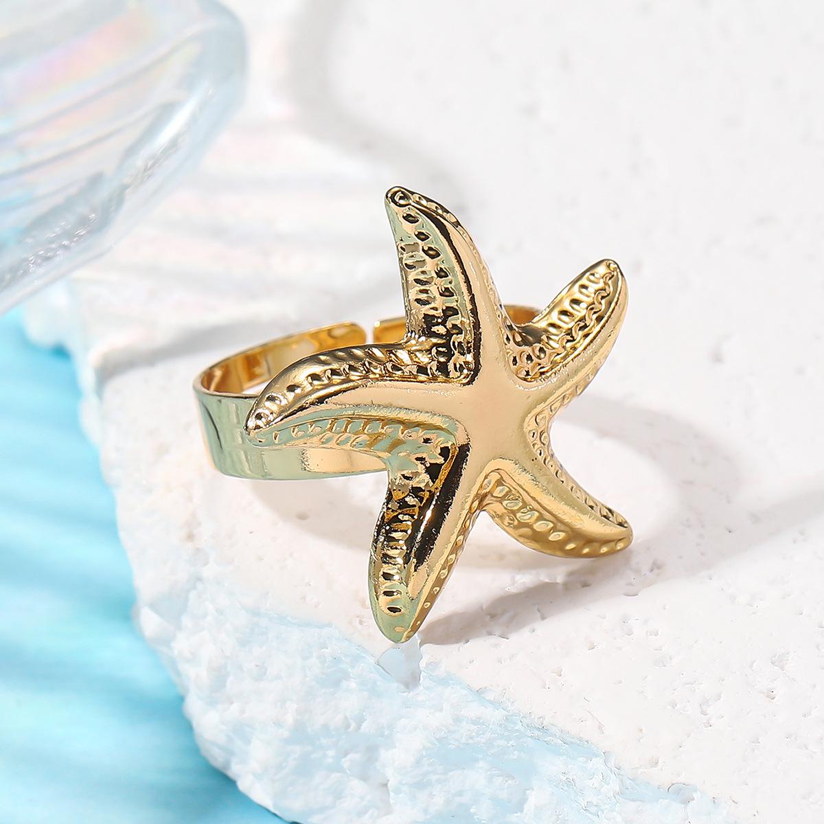 Starfish Shell Pearl Ring - Creative Beach Vacation Style Open Ring for Women