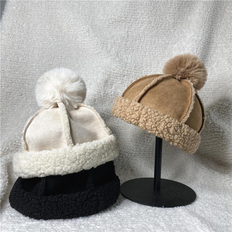 Lamb Wool Warm Hairball Melon Hat Winter Suede Couple Plush Hat Women