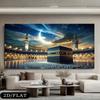 Kaaba At Mecca with Crescent Moon & Starry Sky Canvas Painting Wall Art, Frameless Islamic Wall Art for Living Room Decor