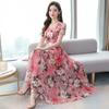 Spring and summer V-neck new fashion Korean version of ice silk printing dress waist slim knee super long dress