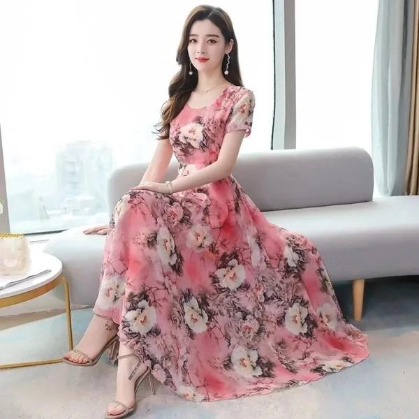 Spring and summer V-neck new fashion Korean version of ice silk printing dress waist slim knee super long dress