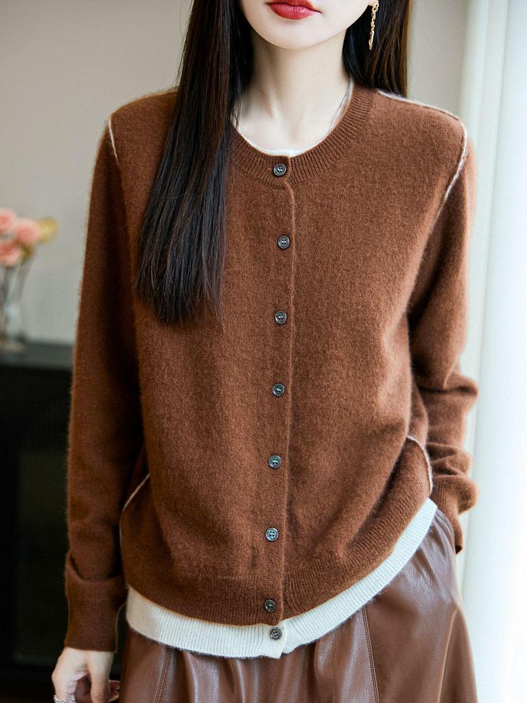Women's 100% Wool Cardigan: Autumn-Winter Knit Jacket, Loose Fit, Long Sleeve, Versatile Outerwear.