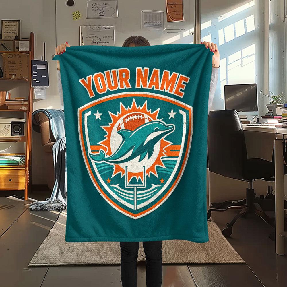 Custom Name,Miami Dolphins Printed Flannel Blanket, Soft Throw for Bedroom Sofa, Washable, Christmas Present, Great Gift.