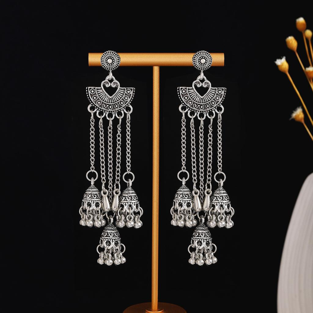 Ethnic Style Vacation Style Geometric Round Personalized Earrings, Retro Alloy Long Fringed Bell Pendant Ears