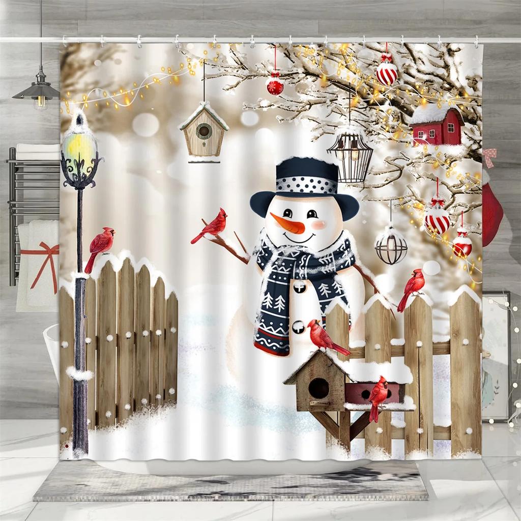unframed Christmas Shower Curtain, Winter Snowman Father Christmas Farmhouse Truck Snowflake Christmas Tree Red Bird Bathroom De