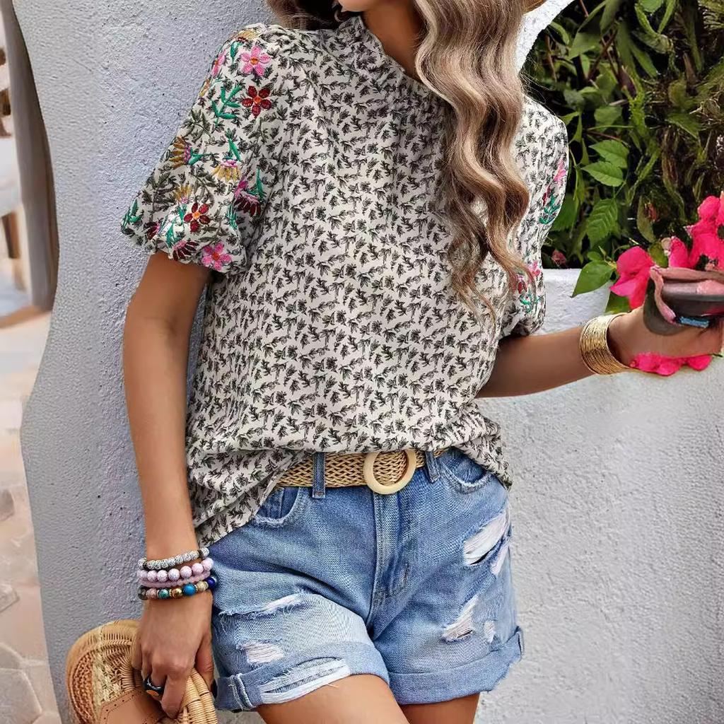 GMXIA Women's Summer Embroidered Printed Buckle Wave High Neck Short Color Matching Top