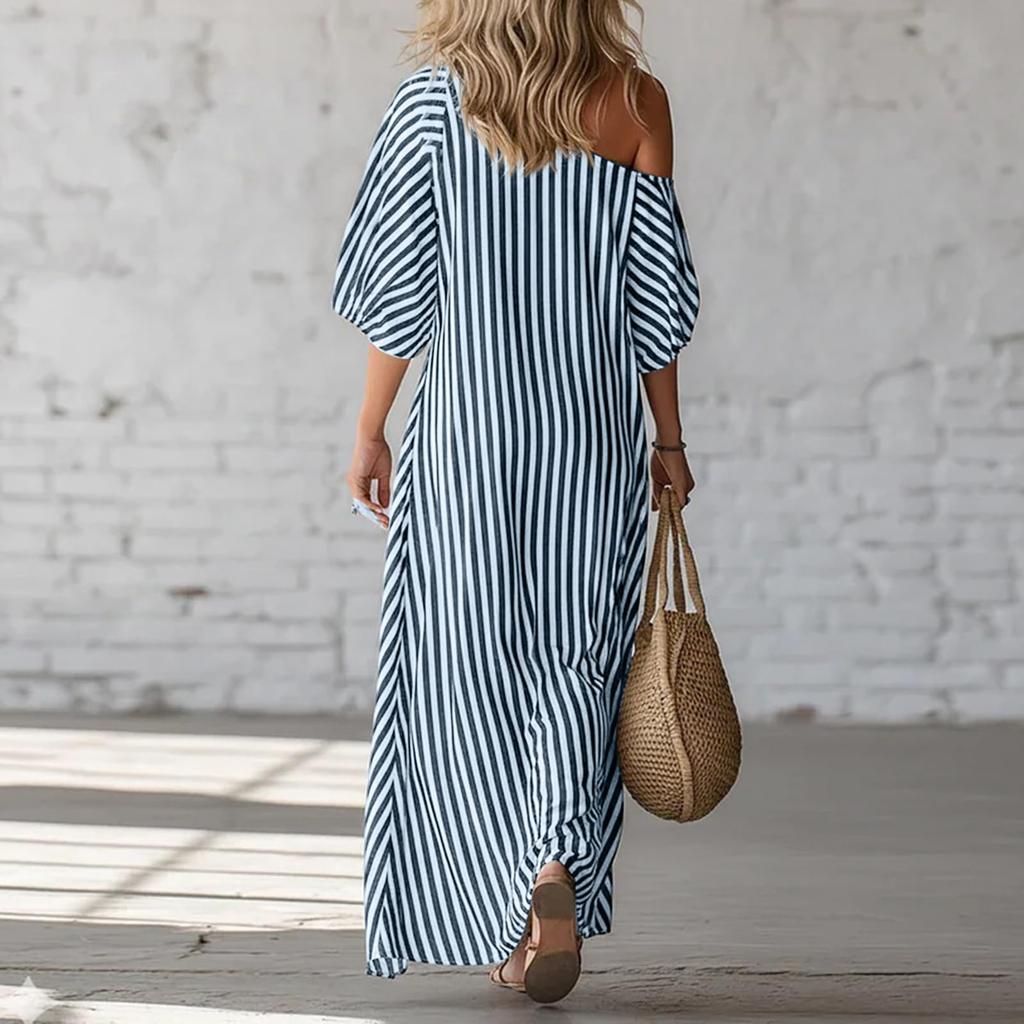 Womens Summer Maxi Dress Boho Off Shoulder Short Sleeve Flowy with Pockets Casual Beach Sun Dress for Holiday Party Daily Wear