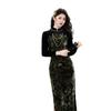 New Chinese velvet splicing improved cheongsam pearl stand-up collar long-sleeved fake two pieces daily wear physical women's clothing