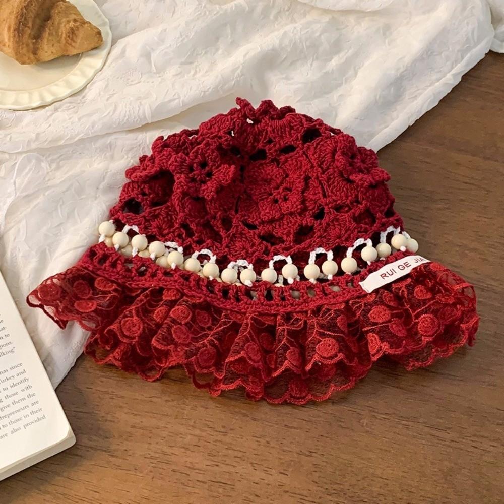 Summer Beads Knitted Hat Hollow Weave Basin Caps Sweet Crochet Bucket Hat  Ladies