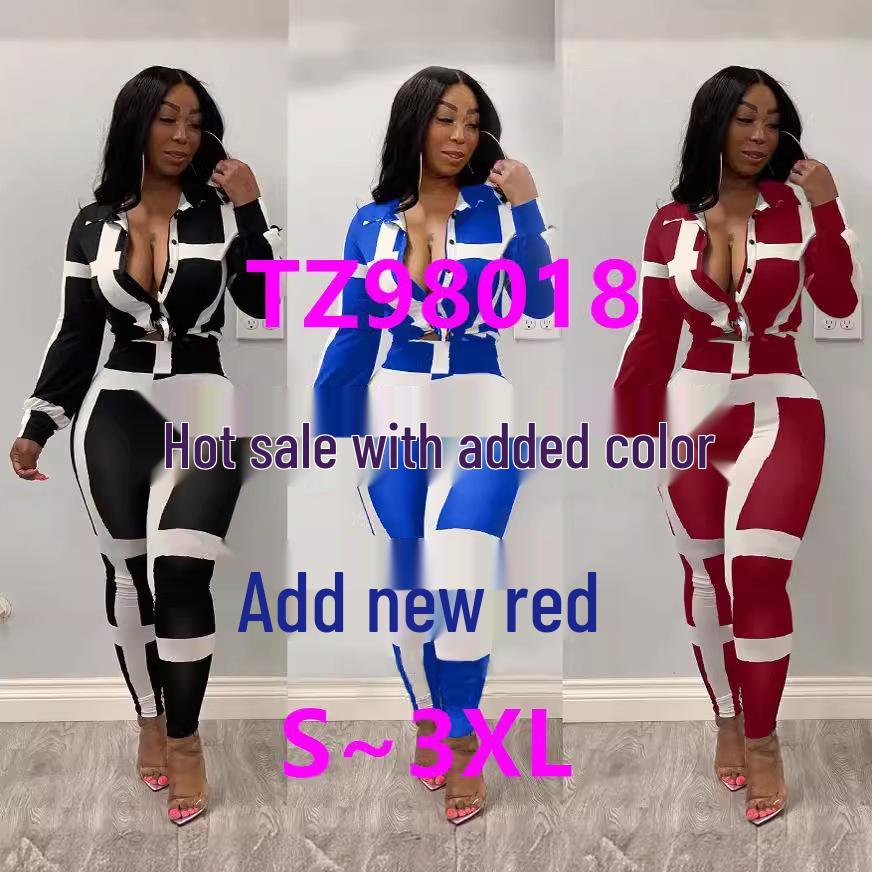 

European and American Fashion Casual Striped Shirt Collar Women s Set XL