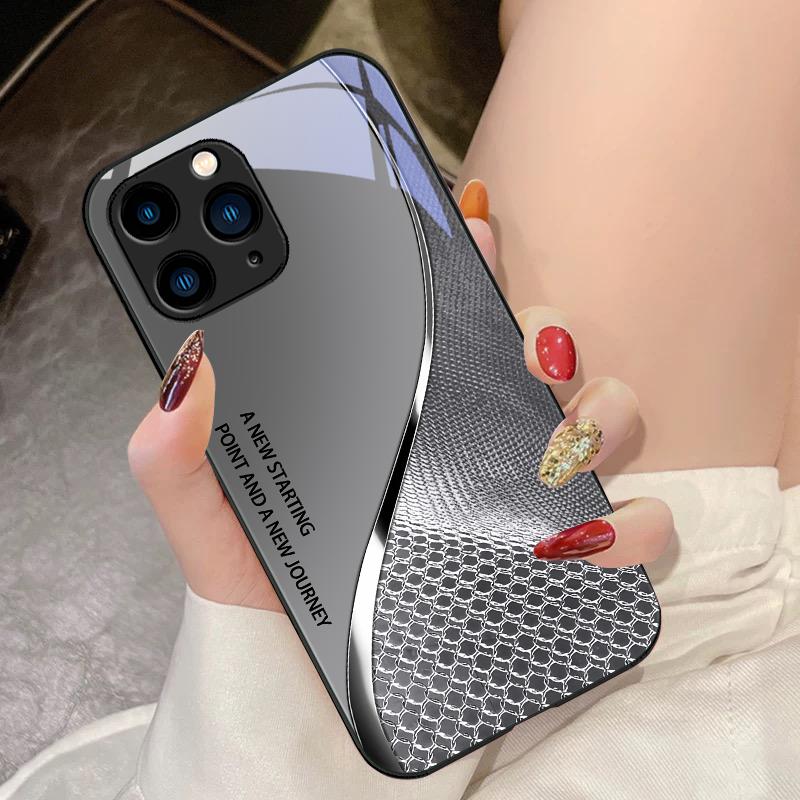 Black Tempered Glass Phone Case For IPhone 15 Pro 14 13 12 Mini 11 XS Max XR 7 8 Plu SE 2020 2022 Mesh Curve Texture Orange