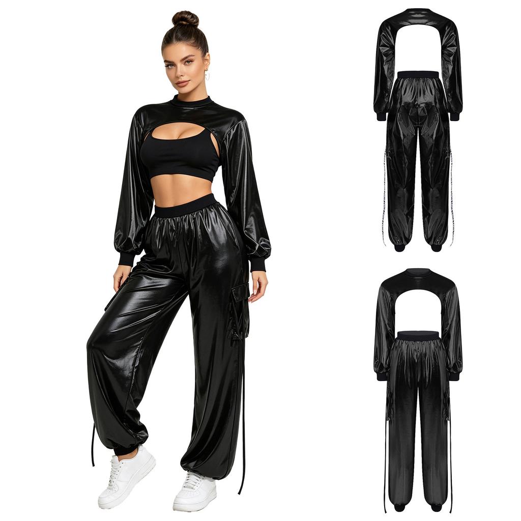 Hip Hop Dance Suit for Women Metallic Shiny Crop Top and Letter Print Cargo Pants for Jazz Disco Stage Bar Outfit