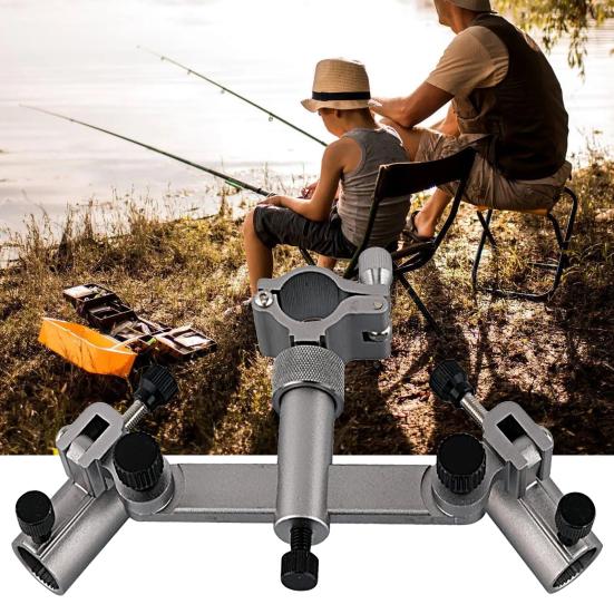 Fishing Rod Holder Double Head 360 Degree Rotatable Thickened Left Right Sliding Universal Accessories Aluminum Alloy Chair Style Fishing colore grigi