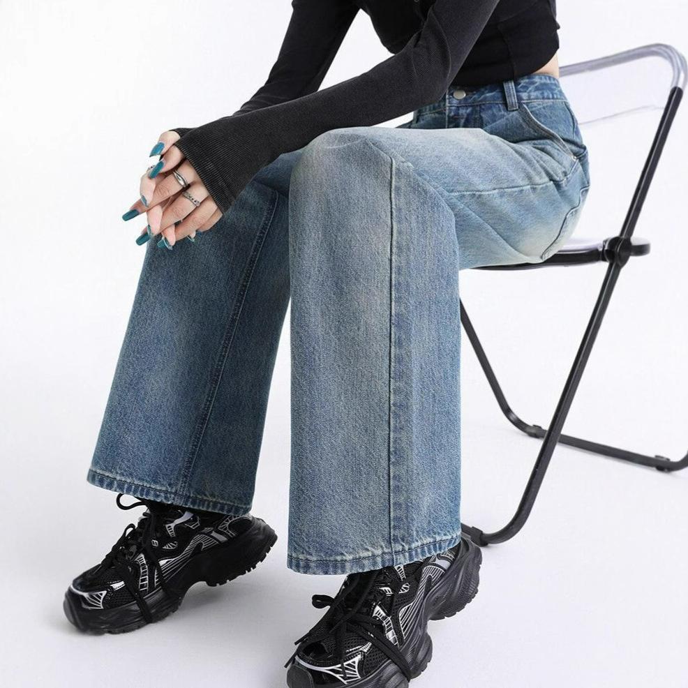Comfortable Washed Design Sense Wide Leg Jeans Women High Waist Large Yards Do Old Loose Straight Long Trousers Jeans for Women Long Denim Pants
