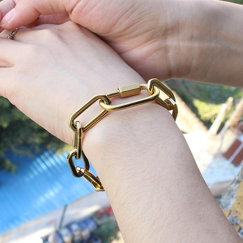 Gold Color Big Carabiner Lock Clasp Bracelet for Women Handmade Statement Necklace Set Chain Link Charm Femme Jewelry
