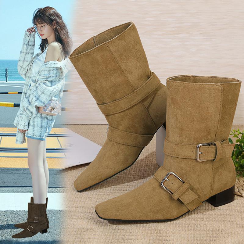 Woman Short Boots  Autumn Suede Leather Square Toe Women Heel Midsole Boots Low Heel Buckle Strap Retro Botas Para Mujer