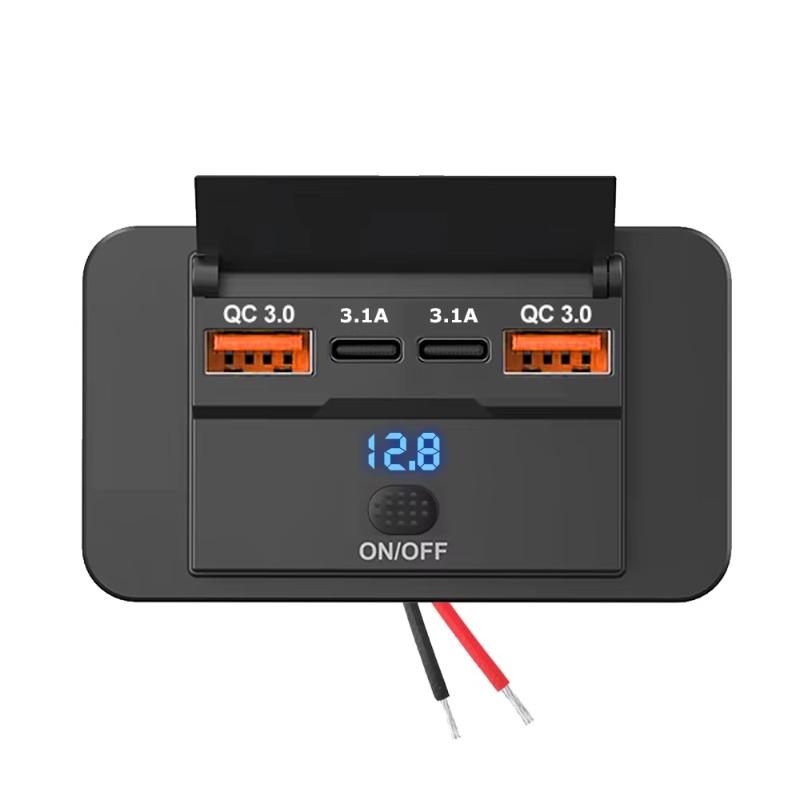12V/24V USB Zásuvka nabíječky do auta Dvojitá Rychlonabíječka QC3.0 PD Panel Zásuvka Adaptér s Vypínačem pro Nákladní auto Obytný vůz Karavan Příslušenství