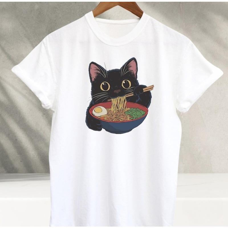 Ramen Cat TShirt Kawaii Anime Cat Japanese Foodies Graphic Tee Unisex Cotton Cute Cat Lover Shirt Harajuku Streetwear Y2K Top
