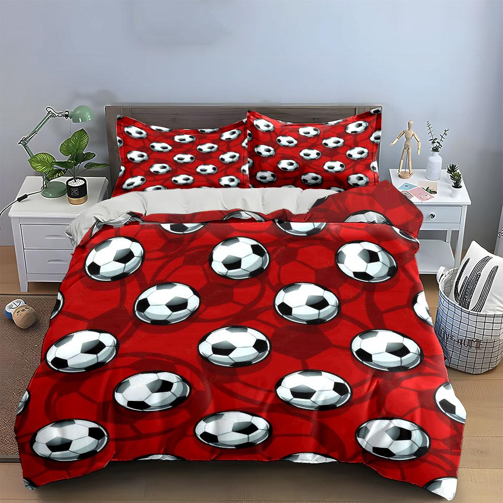 Red Background Soccer Ball Pattern 3Pcs Bedding Set Soft Microfiber Bed Sheet Pillowcase Set For Kids Football Fans Room Decor