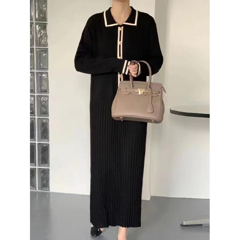 Korean Chic Retro Lapel Contrasting Knitted Dress Women's Edged Elegant Small Fragrant Pleated Loose Long Skirt