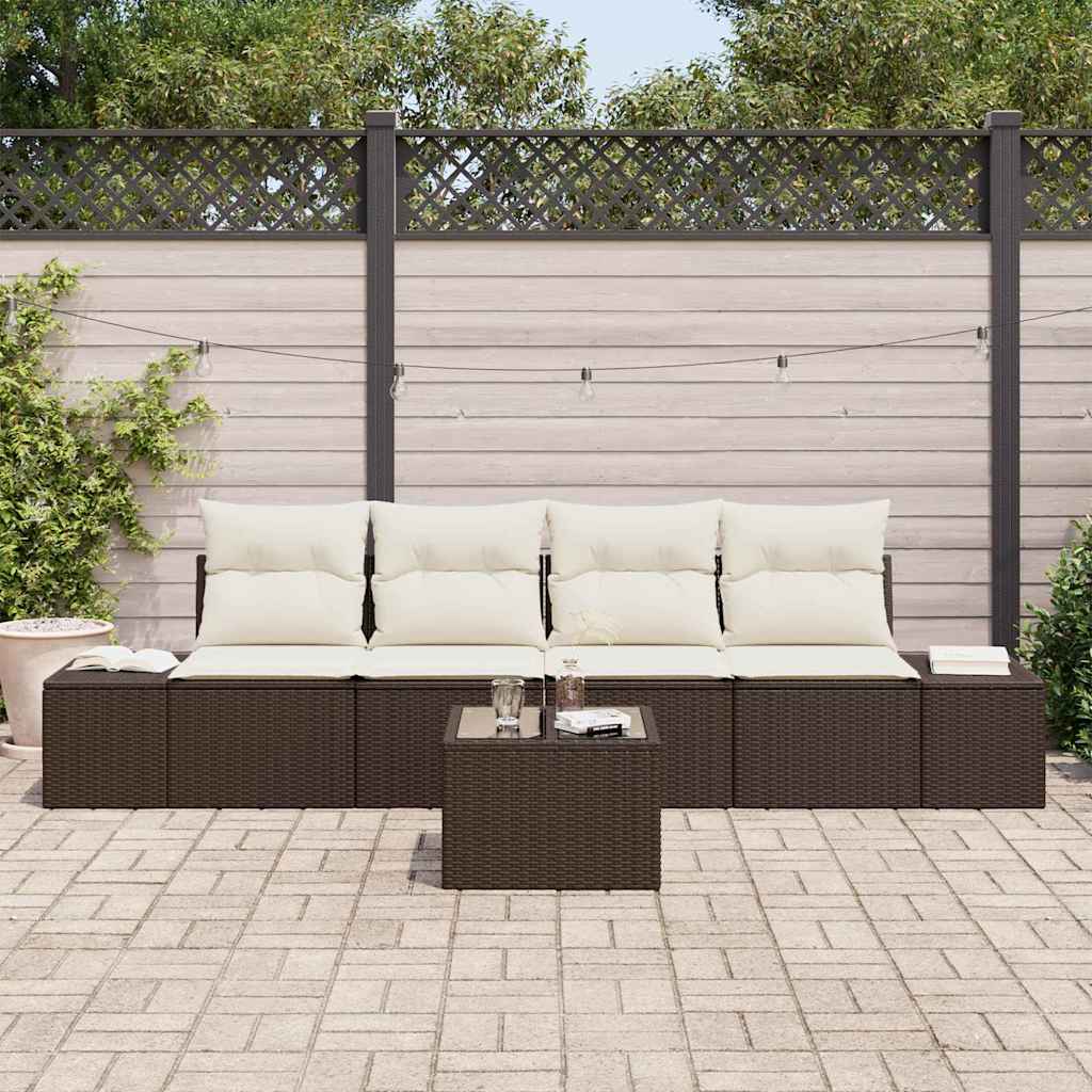 5 Piece Sofa Set with Cushions in Brown and Cream Poly Rattan
