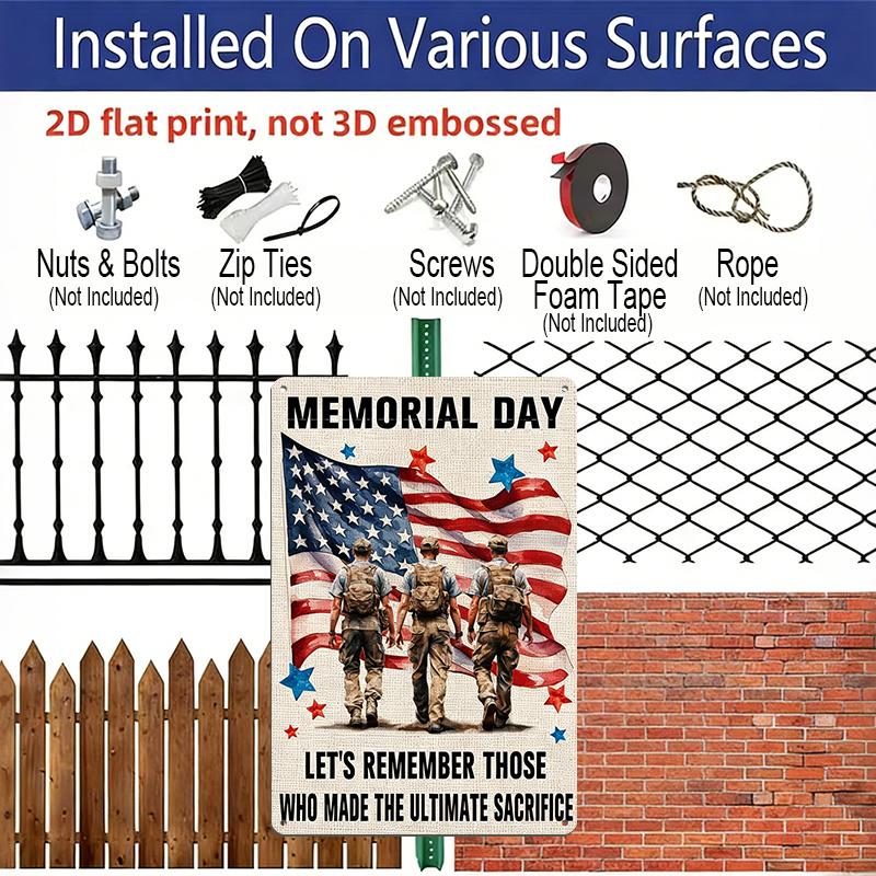 2D Flat Memorial Day Metal Sign, "Let's Remember Those Who Made The Ultimate Sacrifice" Quote, 8×12 Inch Aluminum Wall Art, Stars and Stripes Design