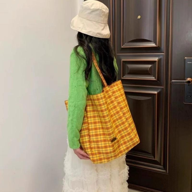 Large Bag Men's and Women's Double-sided Checkered Handbag Single-shoulder Tote Bag