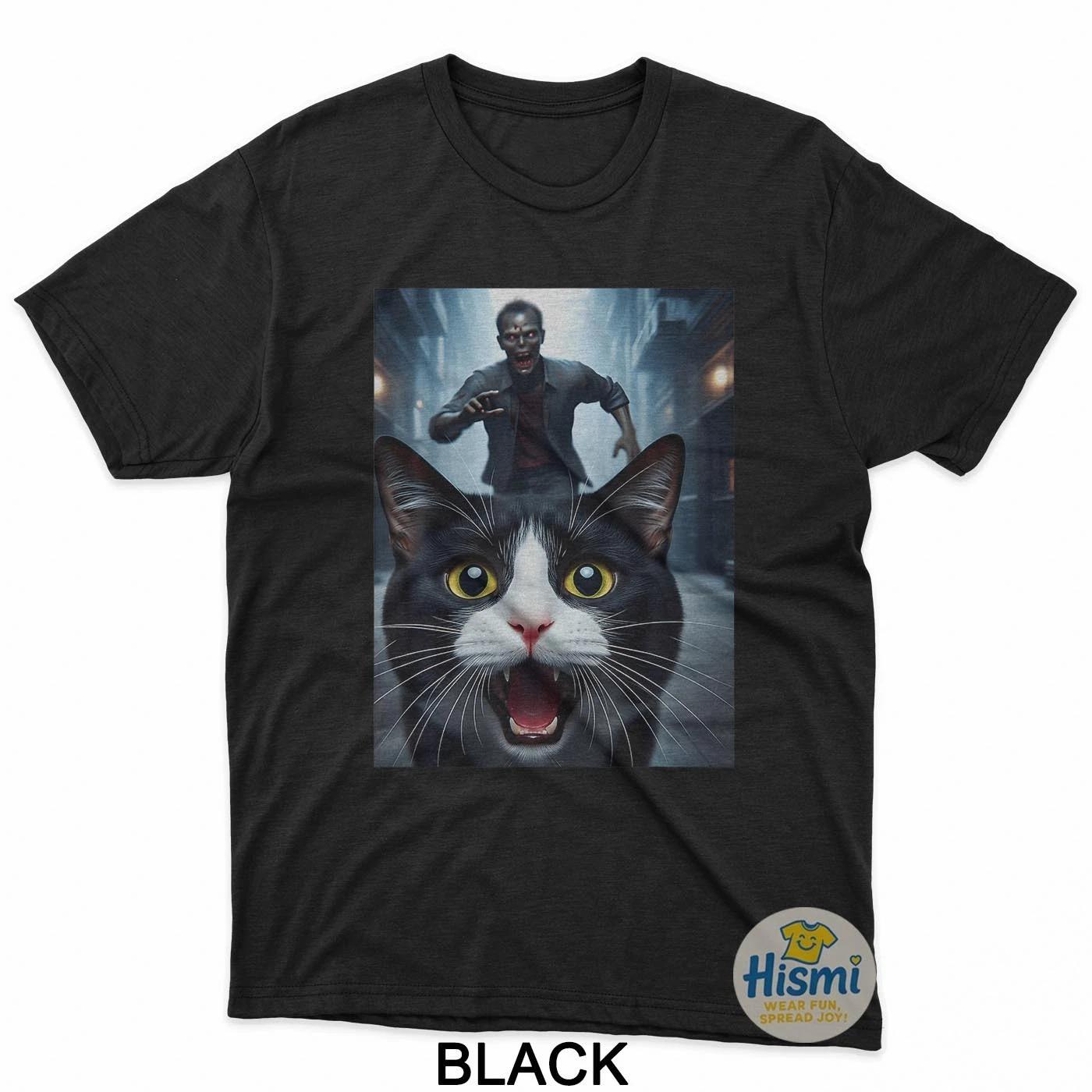 Tuxedo Cat Selfie With Zombie Funny Pet Owner Graphic T-Shirt S