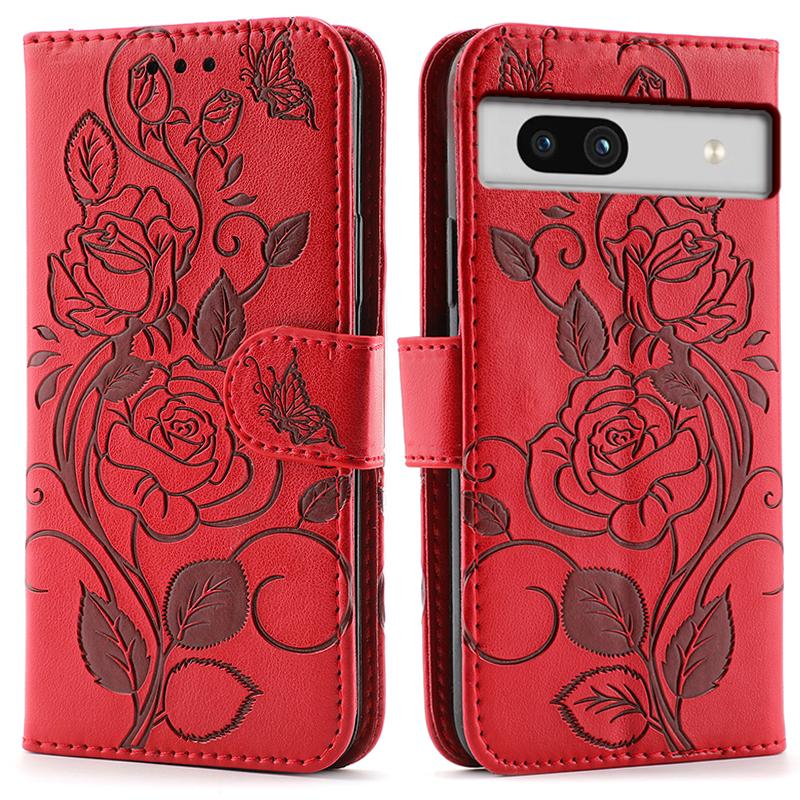 For Google Pixel 7a Case Wallet Stand Imprinted Rose Butterfly PU Leather Phone Cover