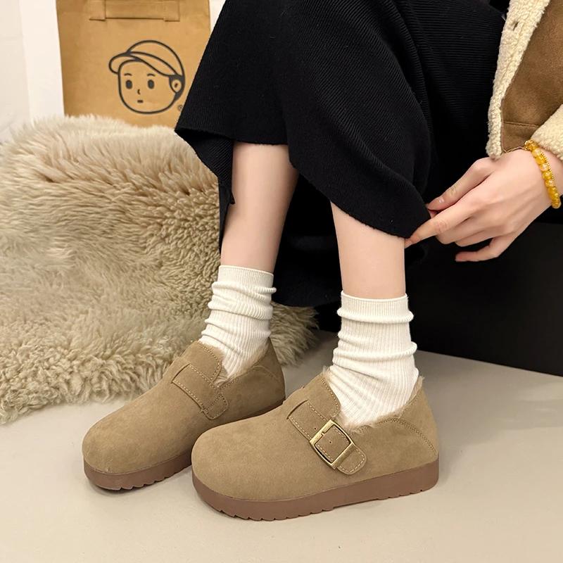 Women's Fashion Flat Cotton Boots Winter New Round Head Suede Metal Thick Soles Anti-slip Wear-resistant Low-top Shoes