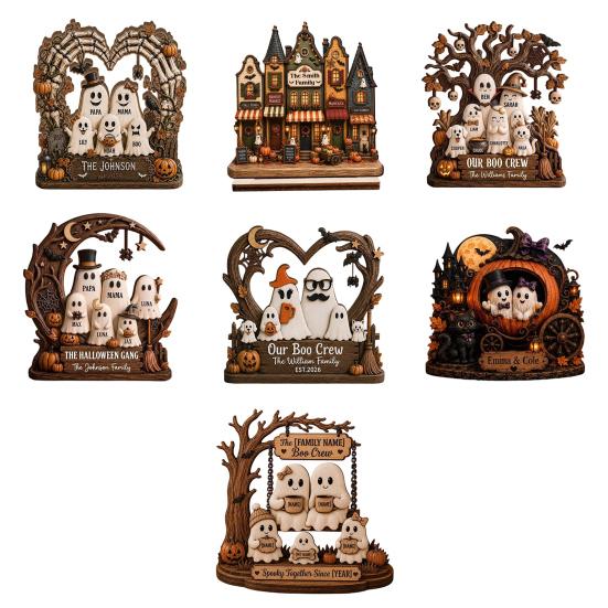 Living Room Wall Art Halloween Ghost Family Wooden Plaque, Pumpkin Couple Tabletop Sign, Indoor Hanging Signs Farmhouse Home Ornament for Tiered Tray