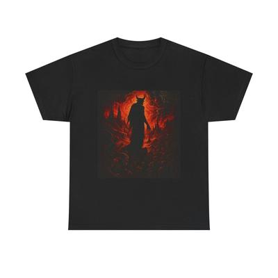 Demonic Horned Figure Tee | Dark Red Fiery Illustration