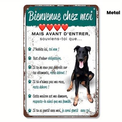 Bem-vindo à minha casa Placa de Metal Francesa para Parede Decoração Vintage para Amantes de Cães com Corações Arco-Íris Ferro à Prova d'Água e de Ferrugem Si