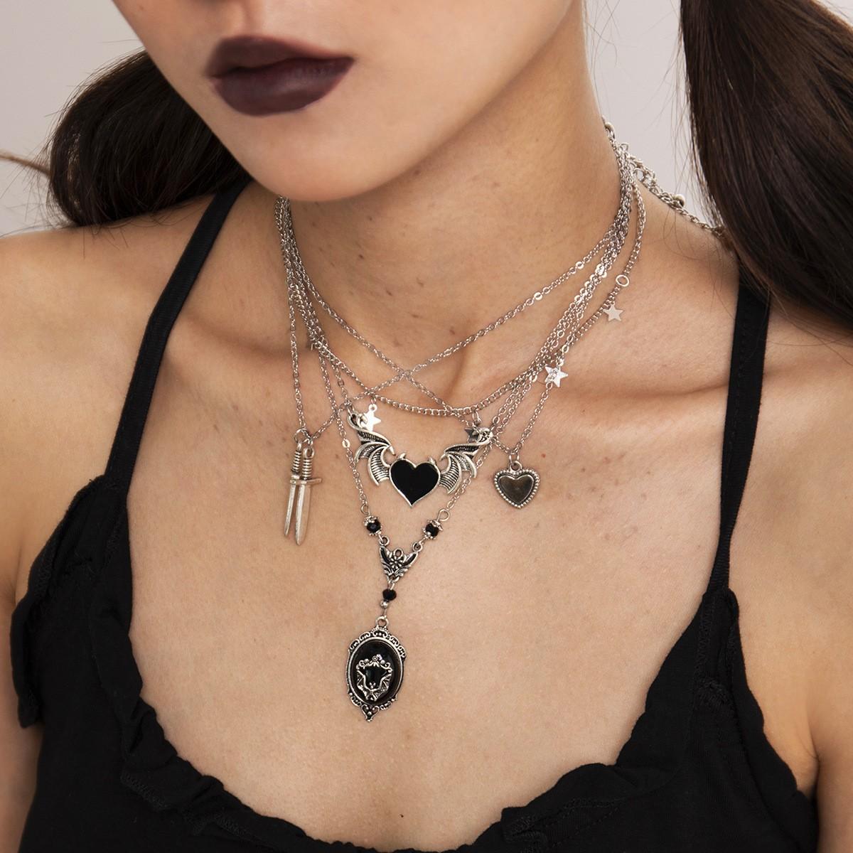 Gothic Punk Heart Wing Necklace Creative Sword Pendant Halloween Jewelry For Women Cool Dark Choker Accessory Gift