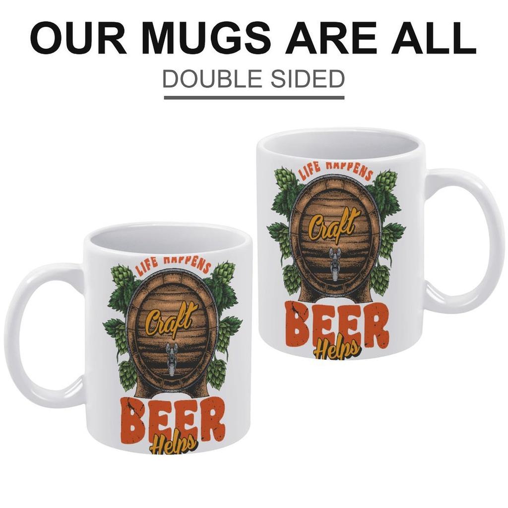 1pc 11oz Ceramic Coffee Mug with Double-Sided Beer Style Print, Everyday Gift Idea